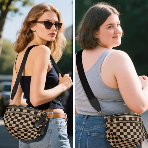 NEWROGENG Checkered Crossbody Bags for Women, Large Nylon Bum Bags Plus Size Fanny Pack Sling Bag Belt Bag for Women Travel, Khaki Black Checkered - Image 2