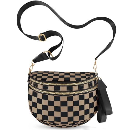 NEWROGENG Checkered Crossbody Bags for Women, Large Nylon Bum Bags Plus Size Fanny Pack Sling Bag Belt Bag for Women Travel, Khaki Black Checkered - Image 1