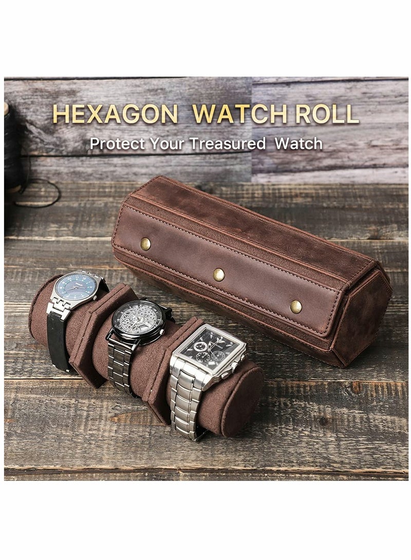 Captaintech Handmade Genuine Leather Hexagon Watch Roll Case for 3 Watches - Stylish Travel Organizer and Protective Storage Box for Your Timepieces. - Image 2