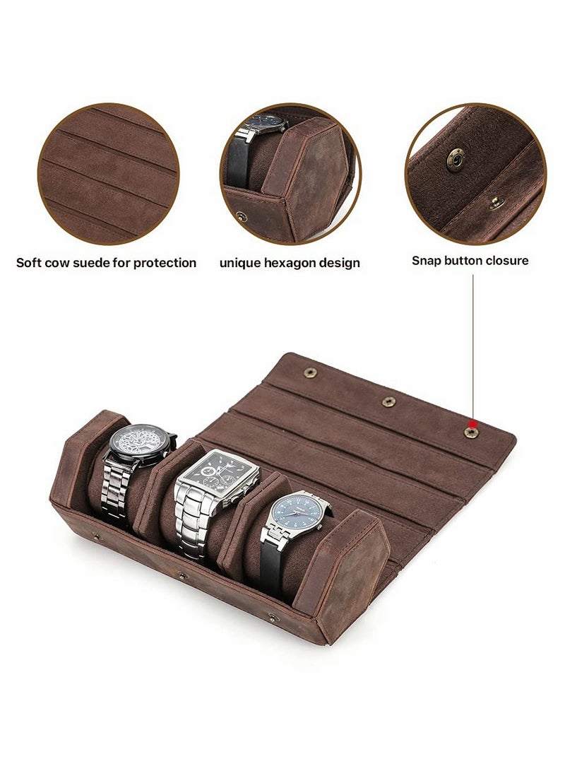 Captaintech Handmade Genuine Leather Hexagon Watch Roll Case for 3 Watches - Stylish Travel Organizer and Protective Storage Box for Your Timepieces. - Image 4