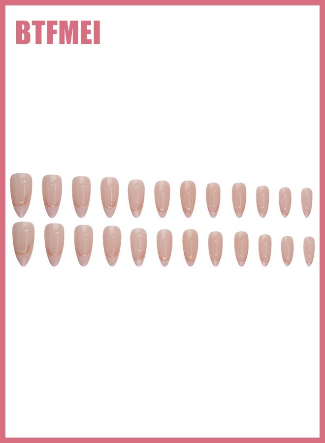 بتفمي 24 قطعة من الأظافر المزيفة، أظافر مزيفة بأظافر لوزية متوسطة الحجم مع تصاميم لامعة من الترتر، أظافر زائفة كاملة التغطية عارية الغراء على أظافر الأكريليك مانيكير للنساء - Image 4