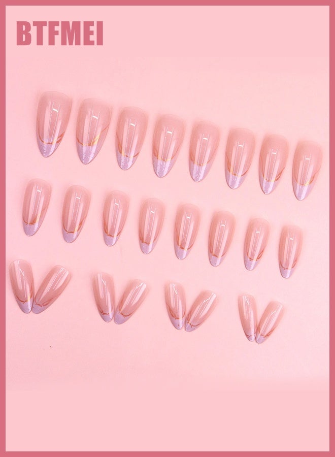 بتفمي 24 قطعة من الأظافر المزيفة، أظافر مزيفة بأظافر لوزية متوسطة الحجم مع تصاميم لامعة من الترتر، أظافر زائفة كاملة التغطية عارية الغراء على أظافر الأكريليك مانيكير للنساء - Image 3