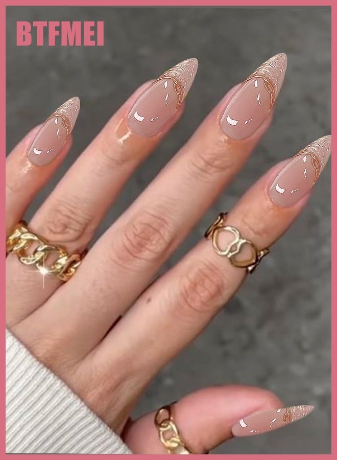 بتفمي 24 قطعة من الأظافر المزيفة، أظافر مزيفة بأظافر لوزية متوسطة الحجم مع تصاميم لامعة من الترتر، أظافر زائفة كاملة التغطية عارية الغراء على أظافر الأكريليك مانيكير للنساء - Image 5