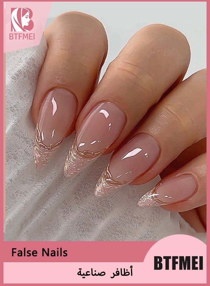 بتفمي 24 قطعة من الأظافر المزيفة، أظافر مزيفة بأظافر لوزية متوسطة الحجم مع تصاميم لامعة من الترتر، أظافر زائفة كاملة التغطية عارية الغراء على أظافر الأكريليك مانيكير للنساء - Image 1