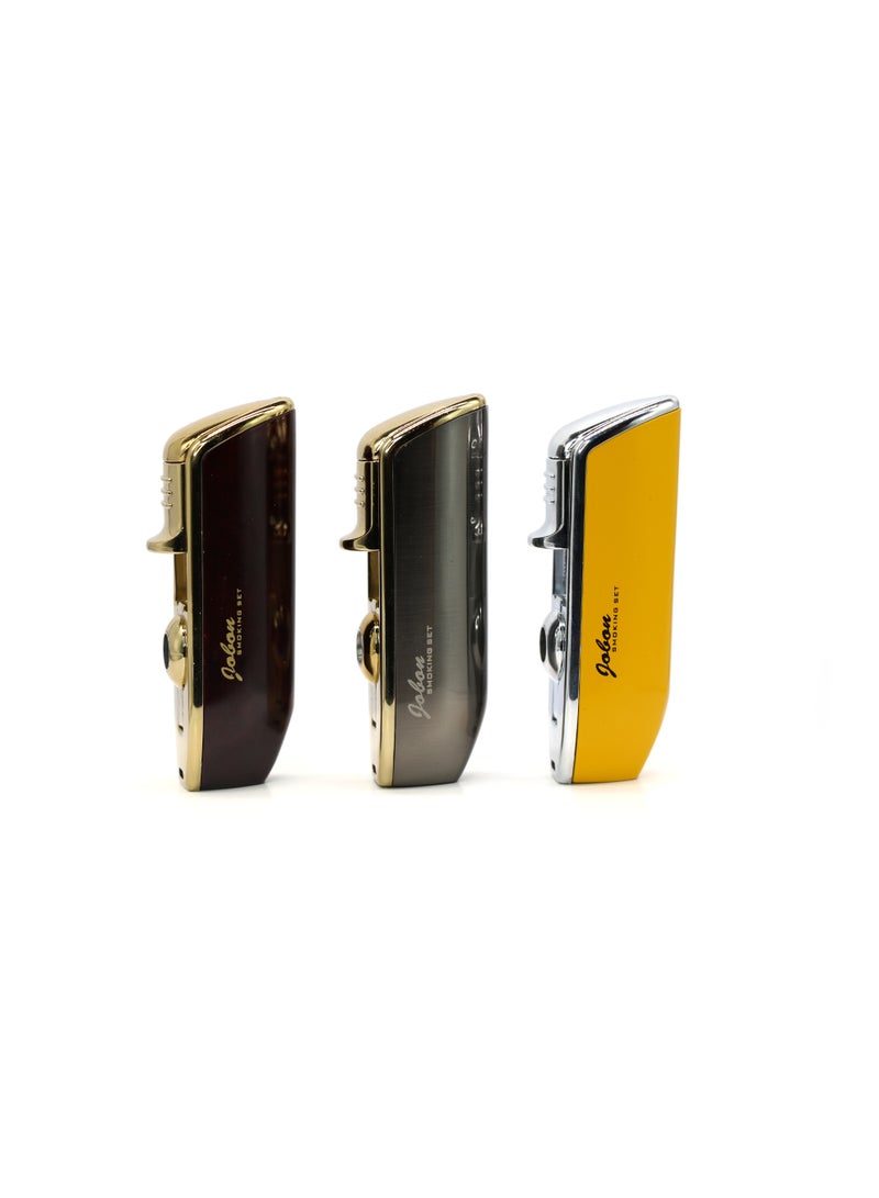 JOBON Cigar Lighter with Cigar Punch Alloy 3 Jet Torch Flame Refillable Metal Windproof Lighter Gift Box (yellow) - Image 2