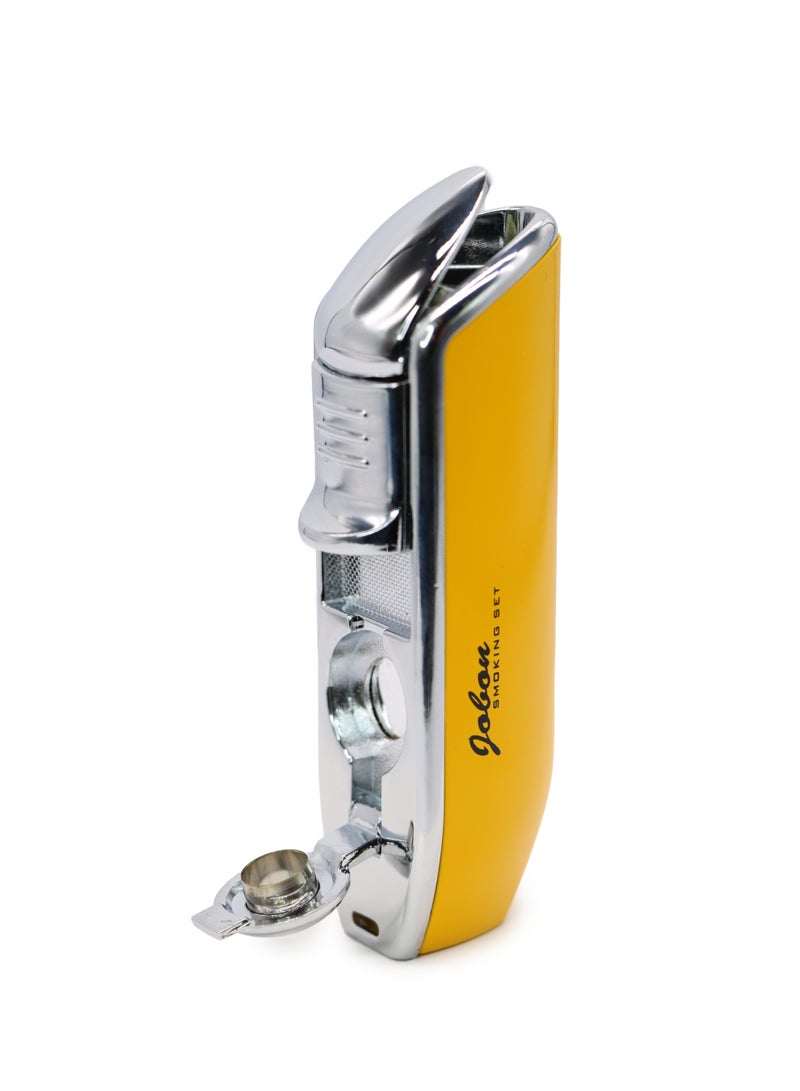 JOBON Cigar Lighter with Cigar Punch Alloy 3 Jet Torch Flame Refillable Metal Windproof Lighter Gift Box (yellow) - Image 1