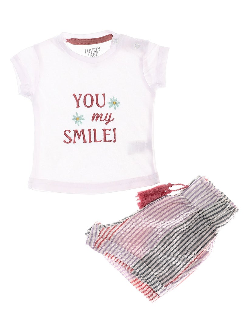 LOVELY LAND - Striped & Stitched Girls Shorts & Tshirt Set - Image 1