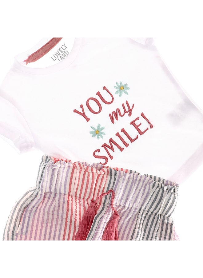 LOVELY LAND - Striped & Stitched Girls Shorts & Tshirt Set - Image 1