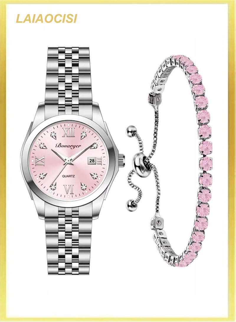 لياوسيسي ساعة نسائية مقاومة للماء كوارتز تناظرية مع سوار فضي - وردي - Image 1