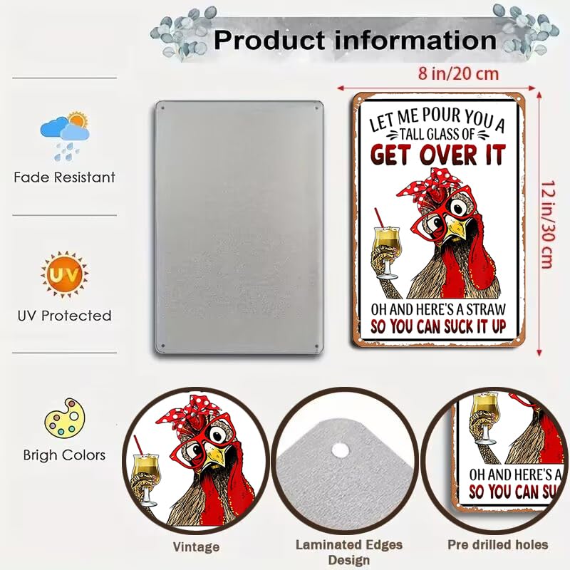 Smilelife Funny Chicken Let Me Pour You A Tall Glass of Get Over It Tin Sign for Home Farm Chicken Coop Farmhouse Kicthen Garden Decor 8 X 12 Inch (3188) - Image 1