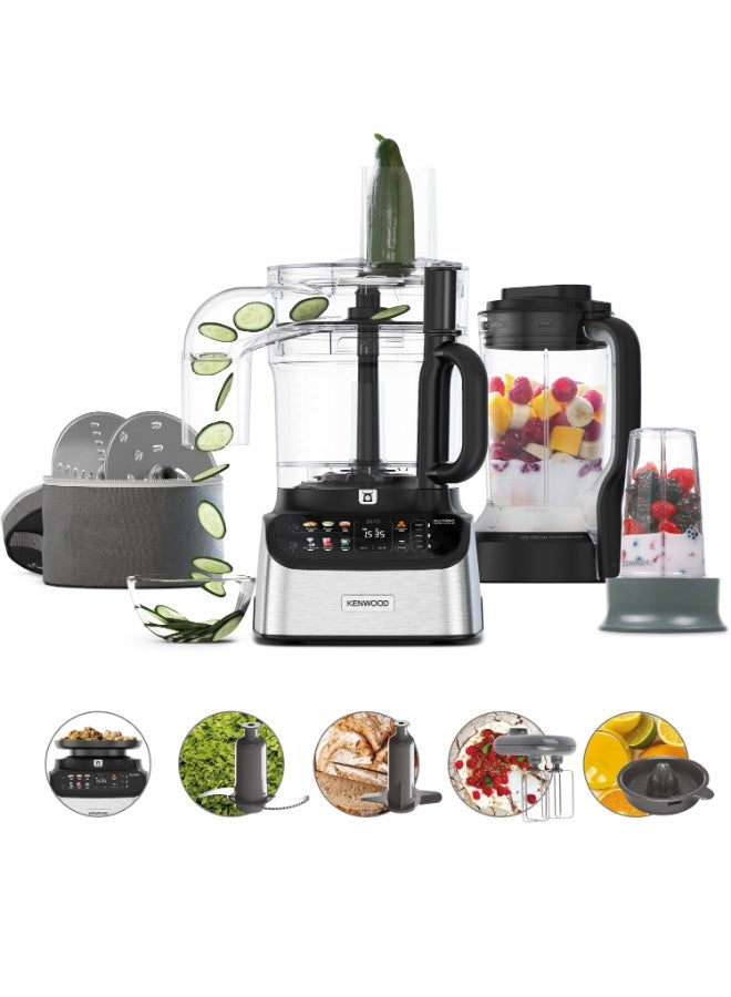 KENWOOD MultiPro OneTouch Food Processor & Blender, 1.5L Glass Blender, OneTouch Presets, Digital Scale, 11 Attachments, Juice Extractor 3 L 1000 W FDM73.980SS Silver