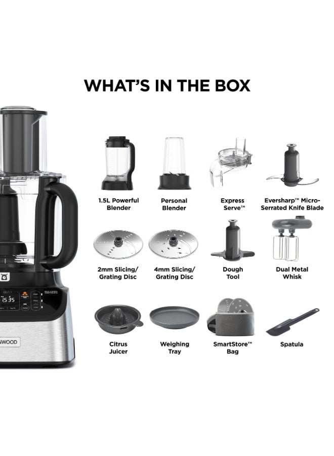 KENWOOD MultiPro OneTouch Food Processor & Blender, 1.5L Glass Blender, OneTouch Presets, Digital Scale, 11 Attachments, Juice Extractor 3 L 1000 W FDM73.980SS Silver - Image 2