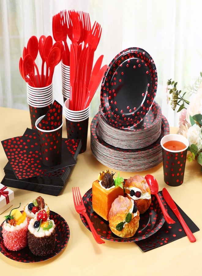 Sieral 560 Pcs Black and Red Party Supplies for 80 Guests - Disposable Dinnerware Set with Black and Red Paper Plates, Napkins, Cups, Plastic Forks, Knives and Spoons for Halloween Party Birthday - Image 3
