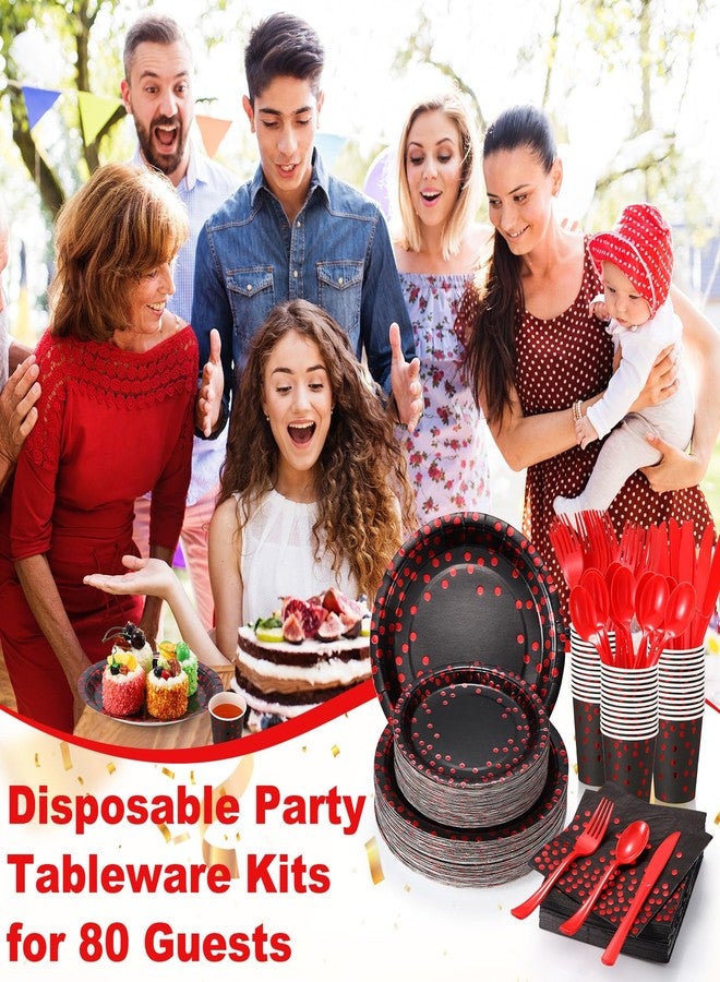 Sieral 560 Pcs Black and Red Party Supplies for 80 Guests - Disposable Dinnerware Set with Black and Red Paper Plates, Napkins, Cups, Plastic Forks, Knives and Spoons for Halloween Party Birthday - Image 4