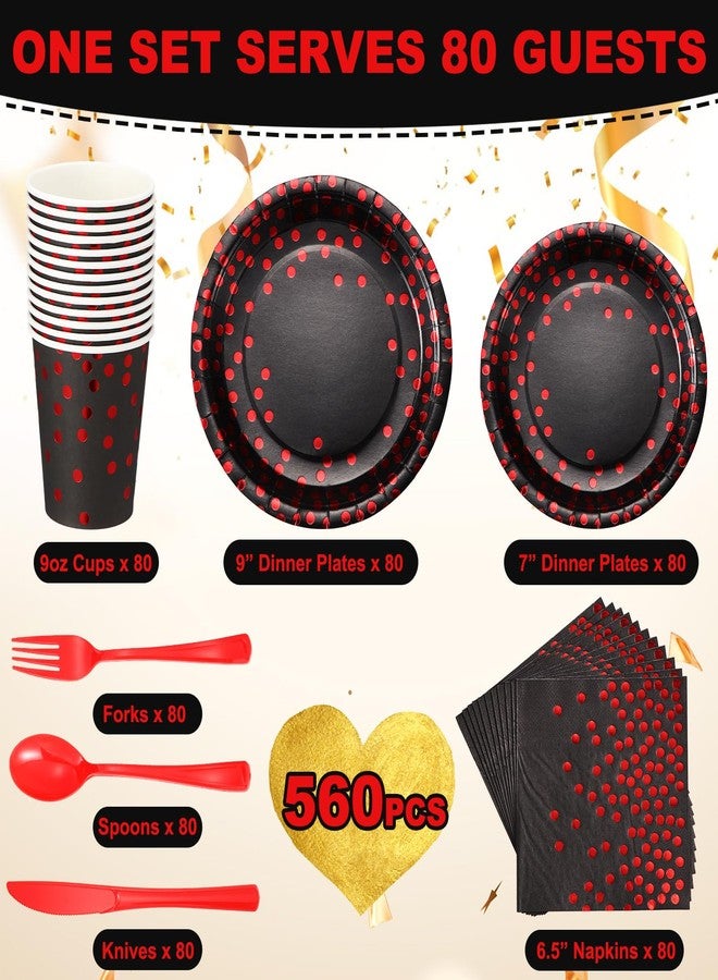 Sieral 560 Pcs Black and Red Party Supplies for 80 Guests - Disposable Dinnerware Set with Black and Red Paper Plates, Napkins, Cups, Plastic Forks, Knives and Spoons for Halloween Party Birthday - Image 2