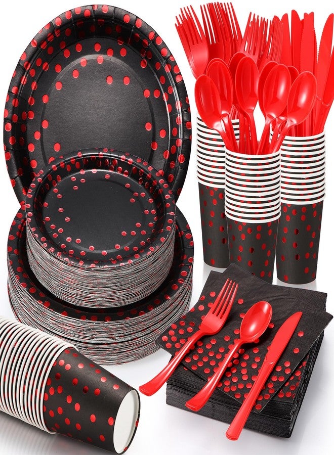 Sieral 560 Pcs Black and Red Party Supplies for 80 Guests - Disposable Dinnerware Set with Black and Red Paper Plates, Napkins, Cups, Plastic Forks, Knives and Spoons for Halloween Party Birthday - Image 1