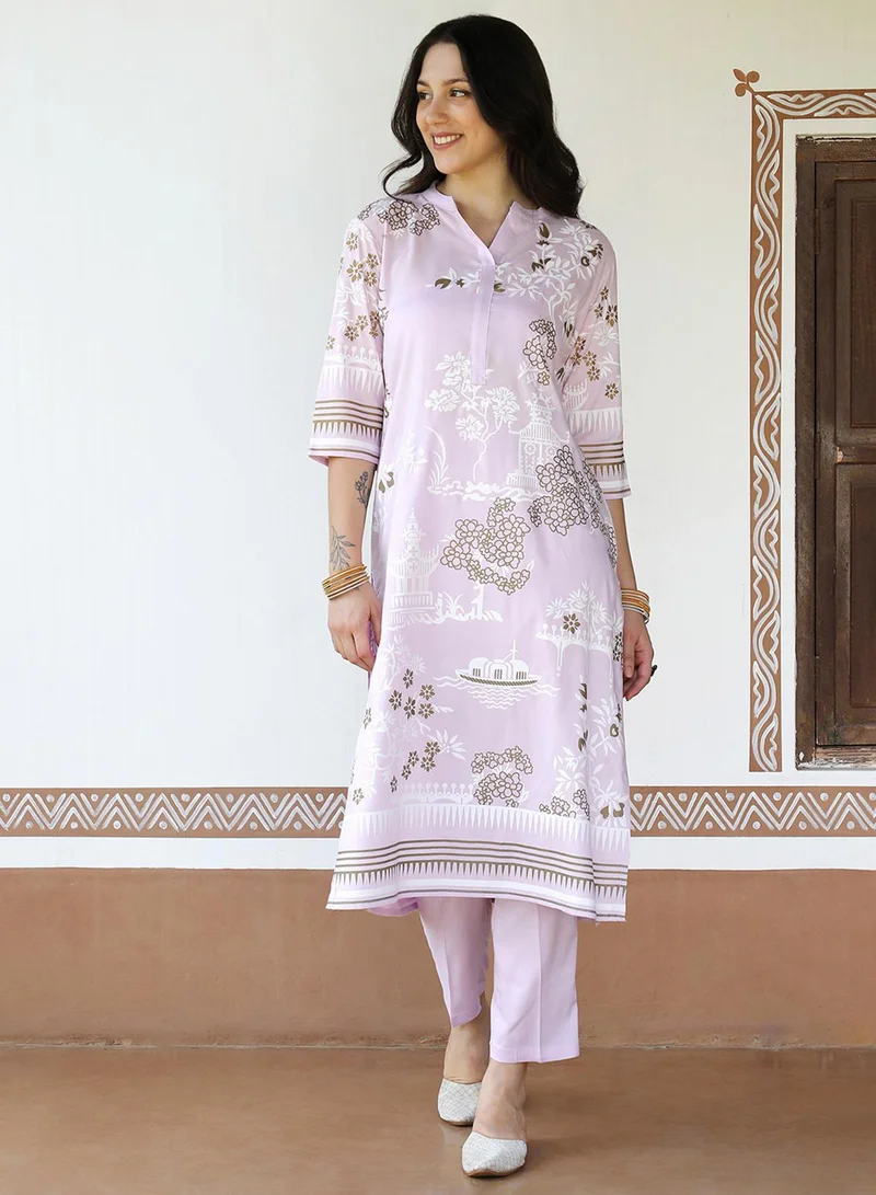  قصة طقم كورتا نسائي بطبعة زهور بنفسجية مع بنطلون بنفسجي