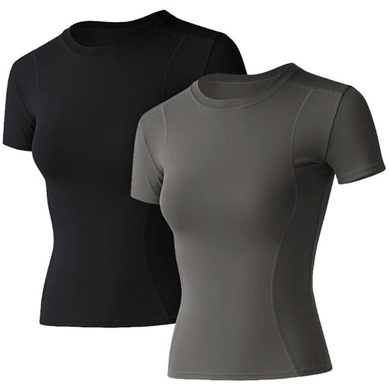 Loovoo Gym Shirts for Women Women 2 Pack Short-Sleeves Crewneck Compression Seamless Athletic Yoga Tops - Image 1