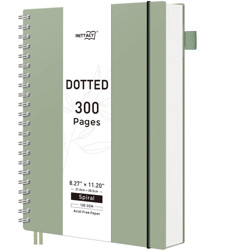 RETTACY Bullet Dotted Journal Notebook, 300 Pages, A4 Large Size (8.2'' × 11.2''), 100 GSM Thick Paper, Flexible Plastic Cover, Spiral-bound, for Bullet Journaling, Planning, Tracking (Sage Green) - Image 1