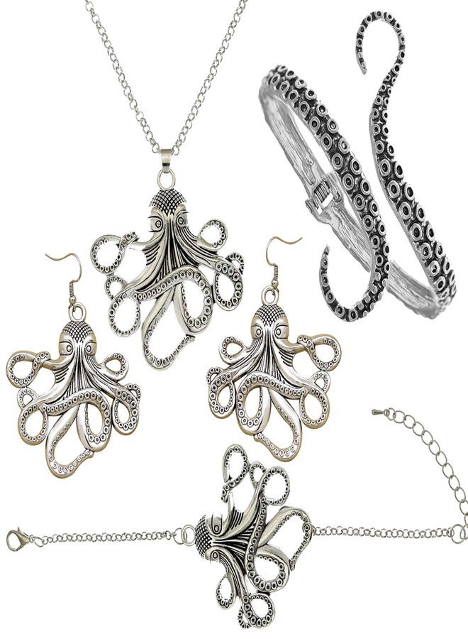 RechicGu Vintage Silver Octopus Jewelry Set Sea Creature Kraken Tentacle Necklace Earrings Bangle Anklet Bracelet Nature Pack Fisherman Fish Gift - Image 1
