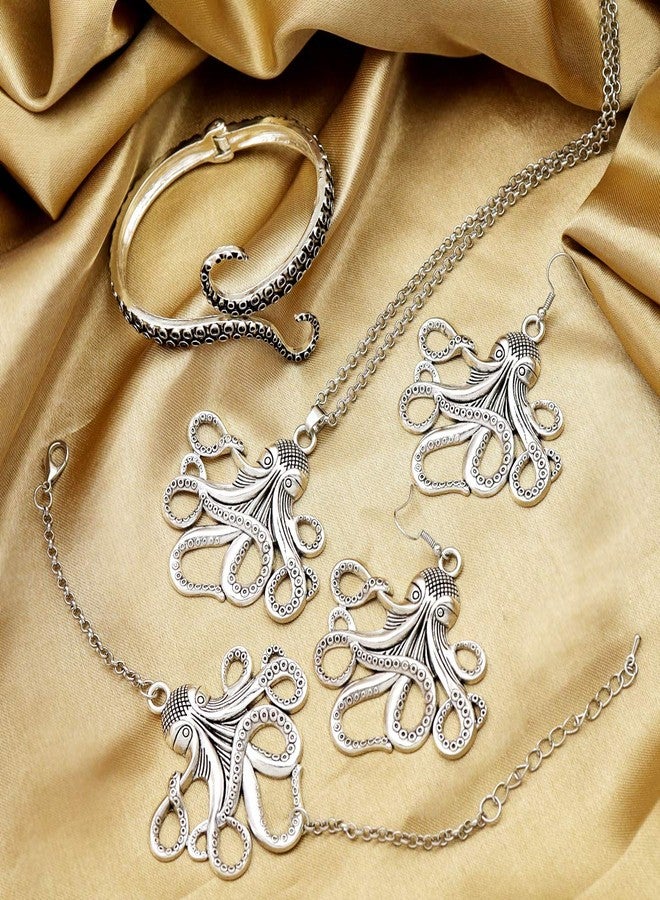 RechicGu Vintage Silver Octopus Jewelry Set Sea Creature Kraken Tentacle Necklace Earrings Bangle Anklet Bracelet Nature Pack Fisherman Fish Gift - Image 2