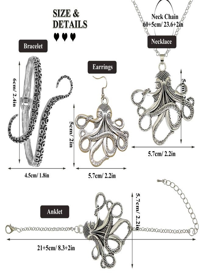 RechicGu Vintage Silver Octopus Jewelry Set Sea Creature Kraken Tentacle Necklace Earrings Bangle Anklet Bracelet Nature Pack Fisherman Fish Gift - Image 5