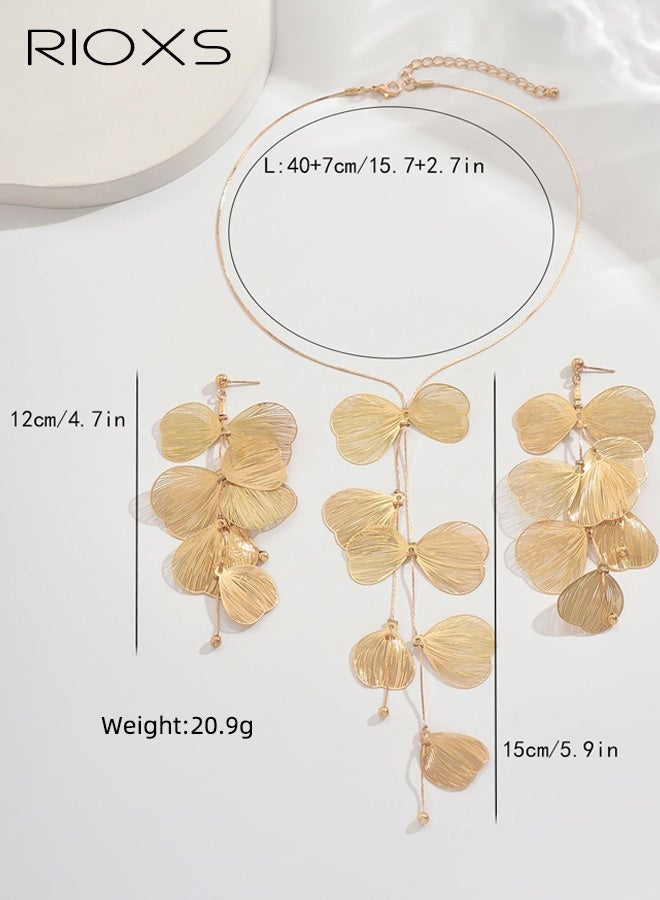 RIOXS 2-Piece Gold-Tone Jewelry Set for Women, Ginkgo Leaf Tassel Earrings and Necklace Set, Sweet-Edgy Style Alloy Jewelry Stud Earrings and Necklace Set, Adjustable Length with Draping Effect - Image 2