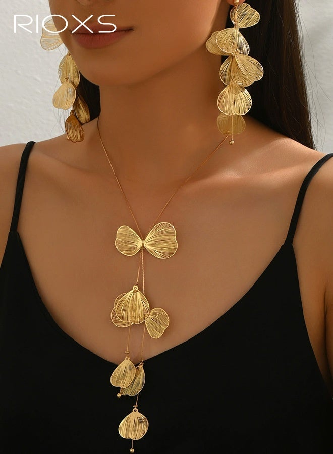 RIOXS 2-Piece Gold-Tone Jewelry Set for Women, Ginkgo Leaf Tassel Earrings and Necklace Set, Sweet-Edgy Style Alloy Jewelry Stud Earrings and Necklace Set, Adjustable Length with Draping Effect - Image 1