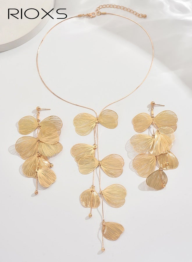 RIOXS 2-Piece Gold-Tone Jewelry Set for Women, Ginkgo Leaf Tassel Earrings and Necklace Set, Sweet-Edgy Style Alloy Jewelry Stud Earrings and Necklace Set, Adjustable Length with Draping Effect - Image 5