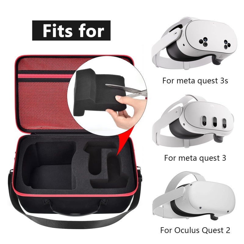 Comecase Hard Carrying Case for Meta Quest 3S/ 3/ for Oculus Quest 2 Official Original/Elite Strap VR Headset and Controller Accessories,Portable Travel Storage Bag for Home, Outdoor - Red Zipper - Image 2
