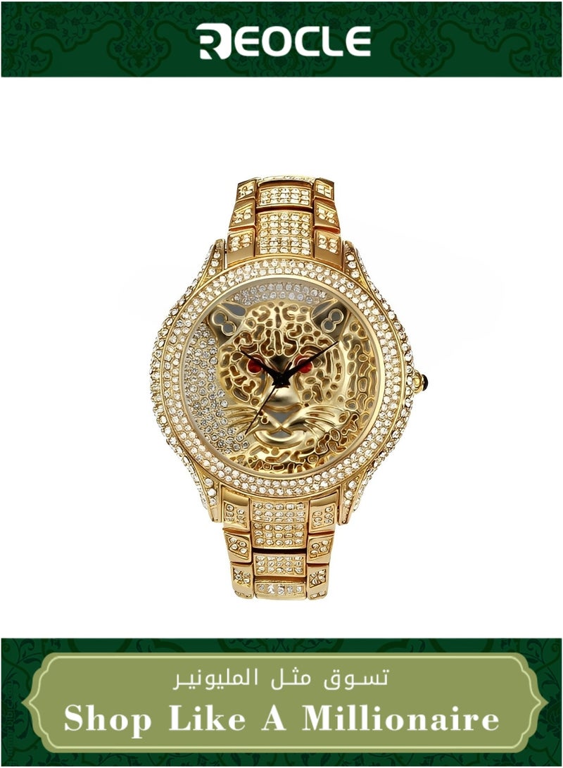 ريوكل ساعة كوارتز مرصعة بالألماس مع مينا ذهبية فاخرة منحوتة على شكل نمر وحزام ساعة من الألماس، ساعة يد رياضية مقاومة للماء من الفولاذ المقاوم للصدأ للرجال والنساء كهدايا - Image 1