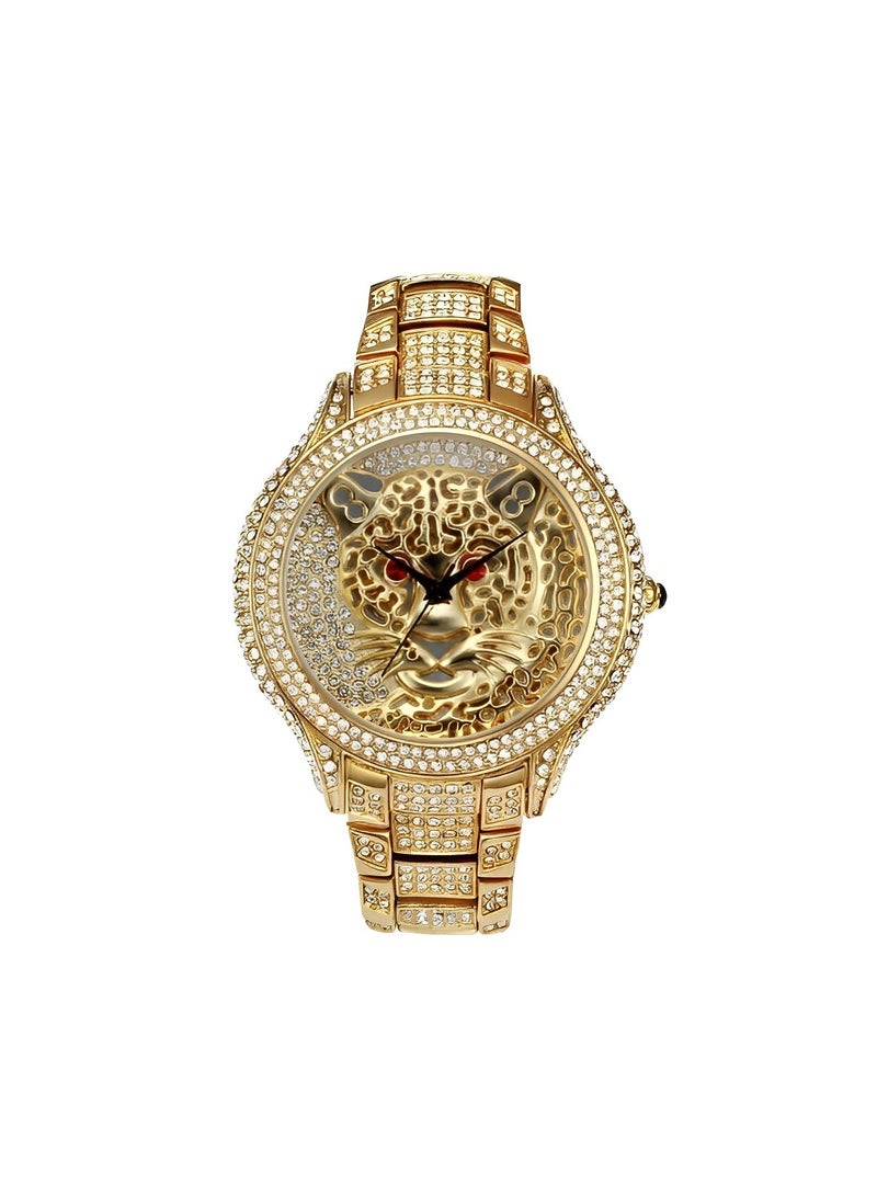 ريوكل ساعة كوارتز مرصعة بالألماس مع مينا ذهبية فاخرة منحوتة على شكل نمر وحزام ساعة من الألماس، ساعة يد رياضية مقاومة للماء من الفولاذ المقاوم للصدأ للرجال والنساء كهدايا - Image 2