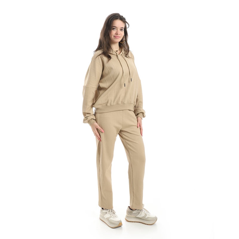 Andora Self Patteren Hooded Sweatshirt With Regualr Fit Pants Beige Training Suit-Beige - Image 5