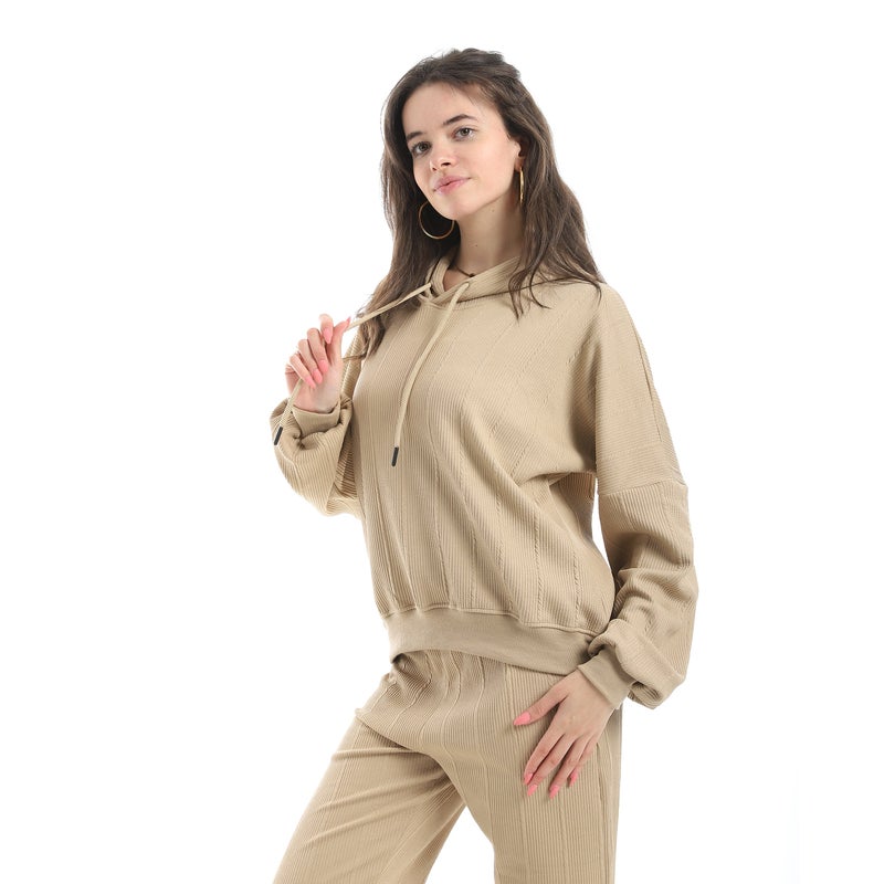 Andora Self Patteren Hooded Sweatshirt With Regualr Fit Pants Beige Training Suit-Beige - Image 4