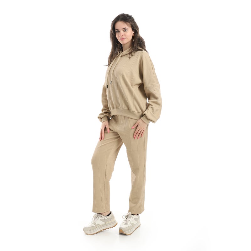 Andora Self Patteren Hooded Sweatshirt With Regualr Fit Pants Beige Training Suit-Beige - Image 2
