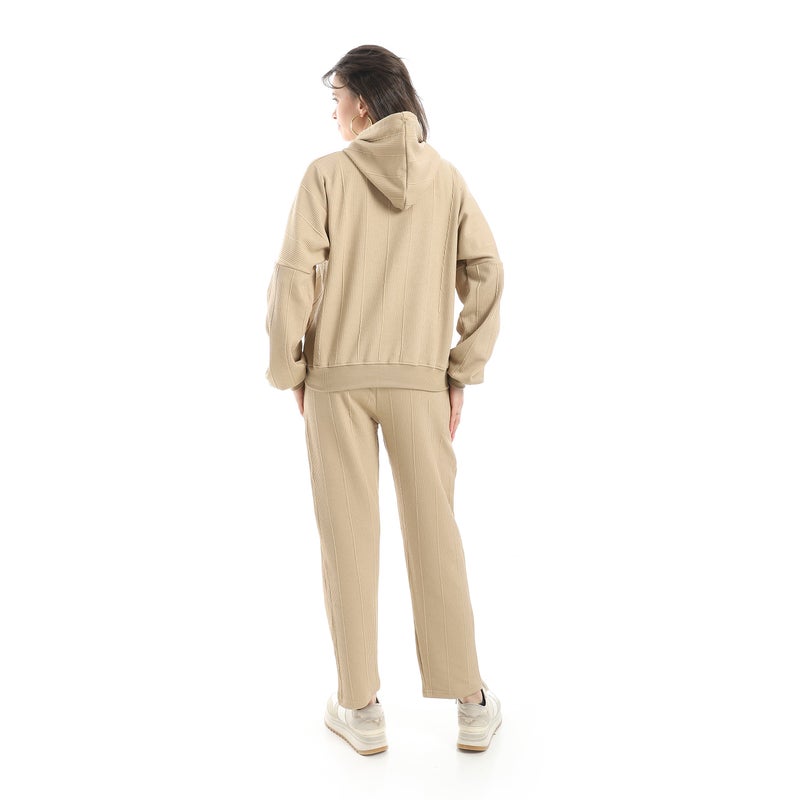 Andora Self Patteren Hooded Sweatshirt With Regualr Fit Pants Beige Training Suit-Beige - Image 3