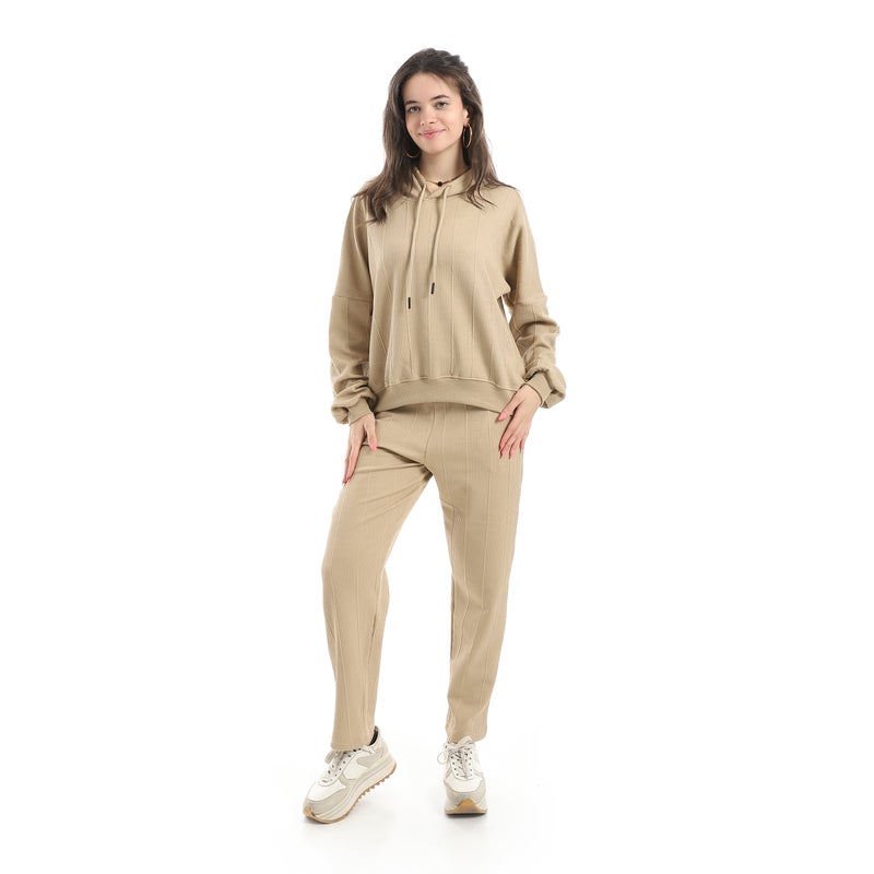 Andora Self Patteren Hooded Sweatshirt With Regualr Fit Pants Beige Training Suit-Beige - Image 1