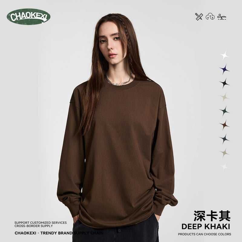 Autumn American high street solid color heavyweight 305g pure cotton short-sleeved loose long-sleeved basic men's and women's small neckline men's clothing - Image 1