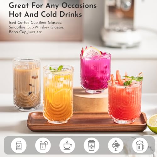 INSETLAN 12oz Vintage Glassware Arch Design Glass cups Set of 4, Fashioned Ripple Glassware Highball Glass, Classic Transparent Cocktail Glasses, for Bar Beverages Ice Coffee Juice Water (4pcs-S) - Image 4
