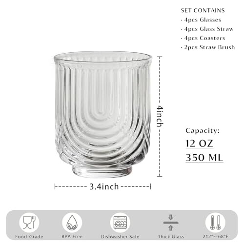 INSETLAN 12oz Vintage Glassware Arch Design Glass cups Set of 4, Fashioned Ripple Glassware Highball Glass, Classic Transparent Cocktail Glasses, for Bar Beverages Ice Coffee Juice Water (4pcs-S) - Image 2
