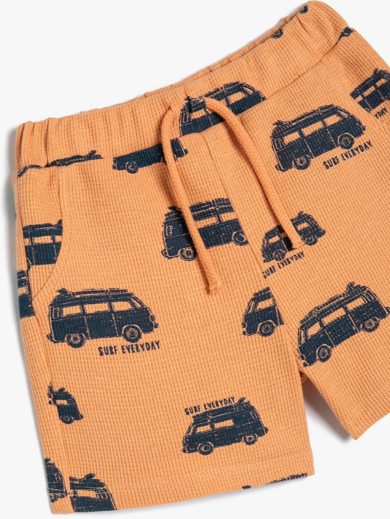 KOTON Cotton Shorts Textured Car Printed Tie Waist Pocket Cotton
