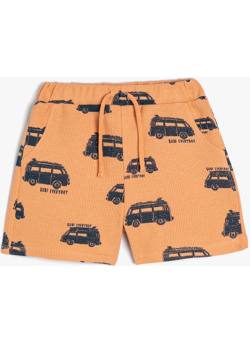 KOTON Cotton Shorts Textured Car Printed Tie Waist Pocket Cotton