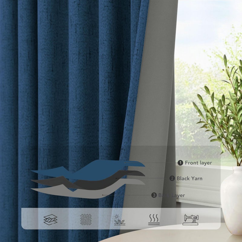 Pitalk Navy Blue Black Out Curtains 63 Inch Long 2 Panel Burg Linen Textured Thermal Insulated Total Blackout Window Shades Soundproof Dark Out Curtain for Living Room Kids Children Boy Bedroom 63 Length - Image 5