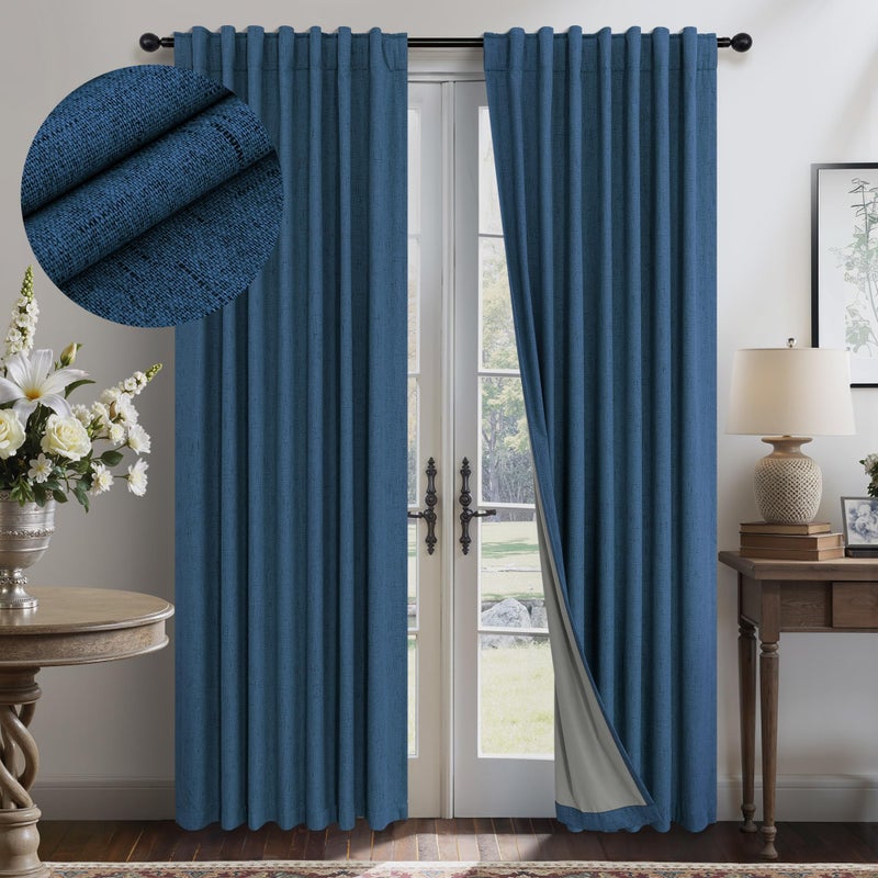 Pitalk Navy Blue Black Out Curtains 63 Inch Long 2 Panel Burg Linen Textured Thermal Insulated Total Blackout Window Shades Soundproof Dark Out Curtain for Living Room Kids Children Boy Bedroom 63 Length - Image 1