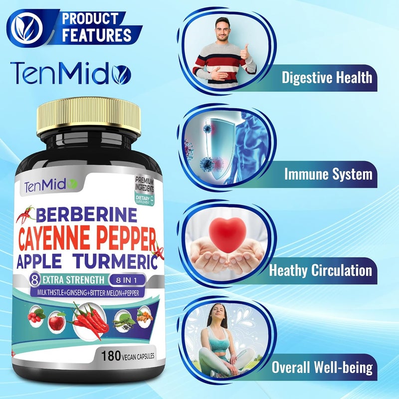 Tenmido Cayenne Pepper Supplements Extract Capsules 180 Capsules  Berberine Apple Turmeric Curcumin Bitter Melon Ginseng Milk Thistle  Supports Heart Health Promotes Digestive Function - Image 5