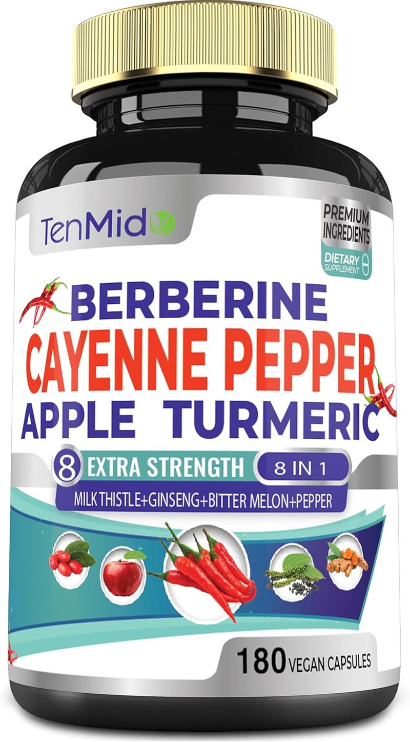 Tenmido Cayenne Pepper Supplements Extract Capsules 180 Capsules  Berberine Apple Turmeric Curcumin Bitter Melon Ginseng Milk Thistle  Supports Heart Health Promotes Digestive Function - Image 1