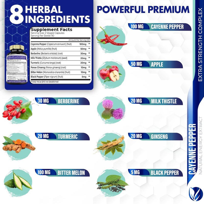 Tenmido Cayenne Pepper Supplements Extract Capsules 180 Capsules  Berberine Apple Turmeric Curcumin Bitter Melon Ginseng Milk Thistle  Supports Heart Health Promotes Digestive Function - Image 3