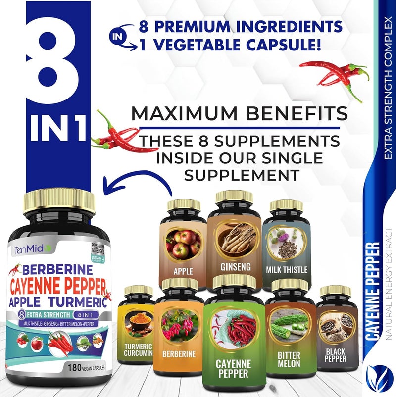 Tenmido Cayenne Pepper Supplements Extract Capsules 180 Capsules  Berberine Apple Turmeric Curcumin Bitter Melon Ginseng Milk Thistle  Supports Heart Health Promotes Digestive Function - Image 2