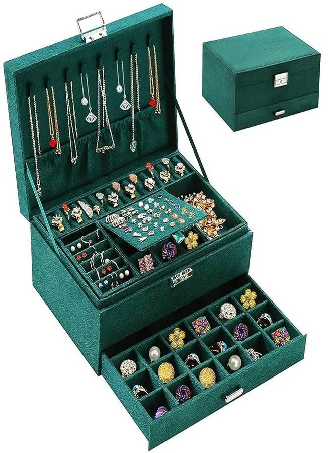 WindWarrior Women’s Velvet 3-Layer Lockable Jewelry Box – Portable Travel Organizer Case for Rings, Earrings, Necklaces (Green) - Image 1