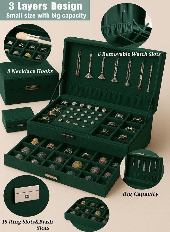WindWarrior Women’s Velvet 3-Layer Lockable Jewelry Box – Portable Travel Organizer Case for Rings, Earrings, Necklaces (Green) - Image 2